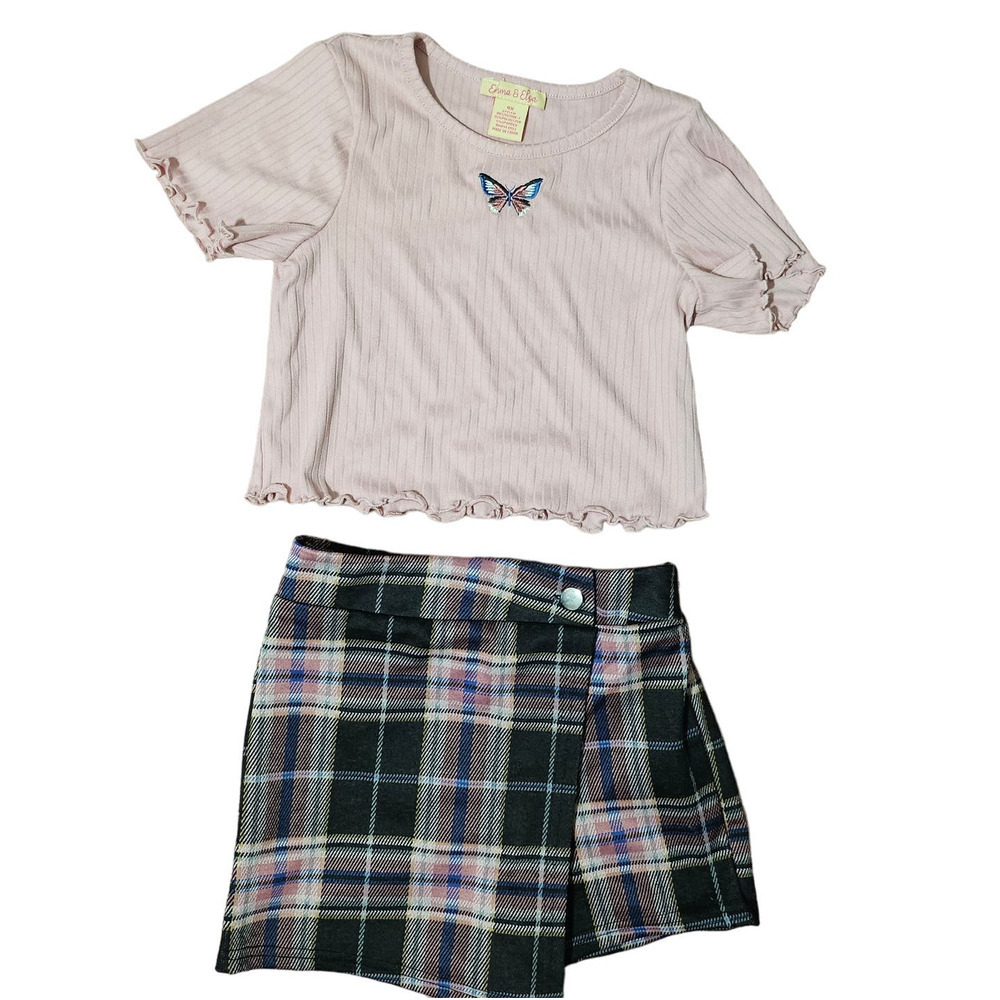 Emma & Elsa girl Ribbed Knit Top and Plaid Skirt set 6X